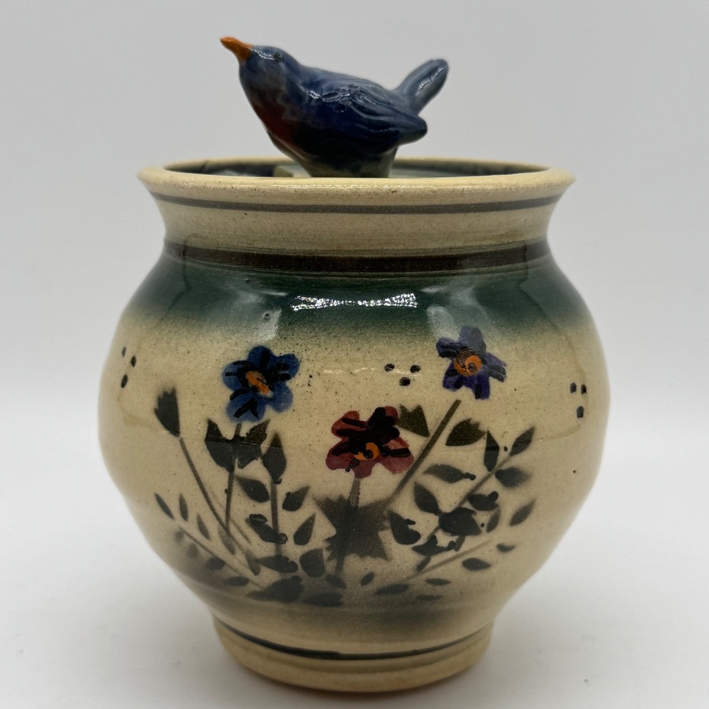 Vintage Aldrich Valley Pottery Signed Bluebird Finial Wildflower Lidded Jar